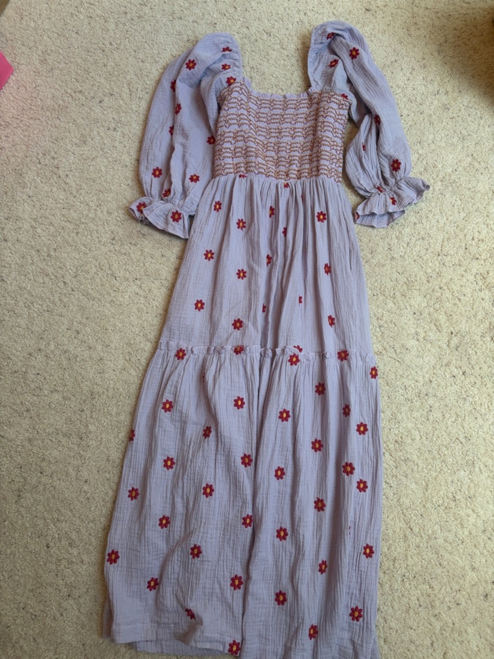 Amazon Lavender Maxi Dress with Red Floral Embroidery